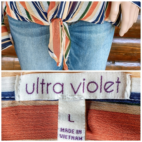 Ultra Violet Sheer Collard Striped Tie Blouse - Picture 6 of 6